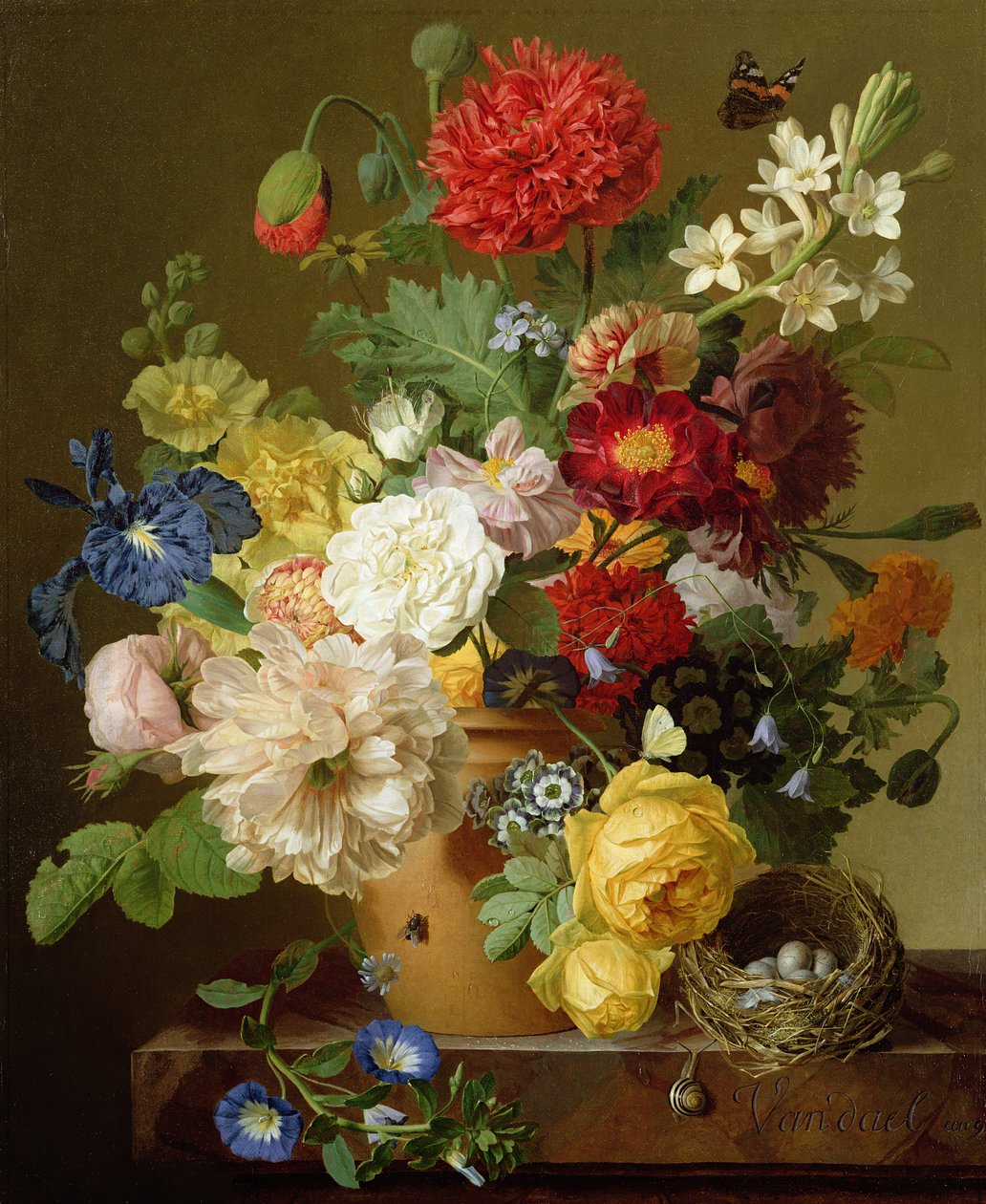 Blomsterstilleben på en marmorkant, 1800-01 af Jan Frans van Dael