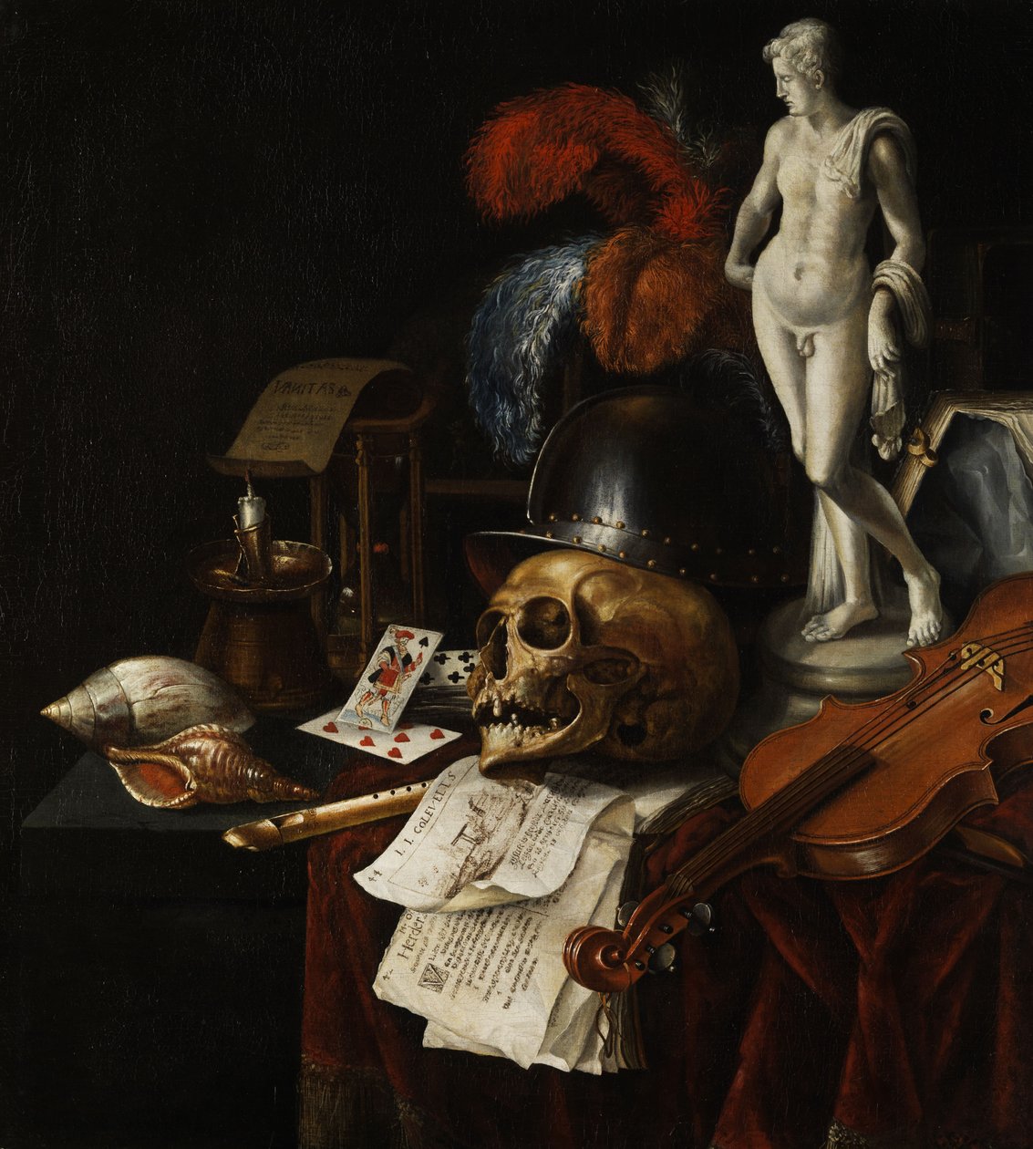 Vanitas stilleben med kranium og spillekort af Jan Fris
