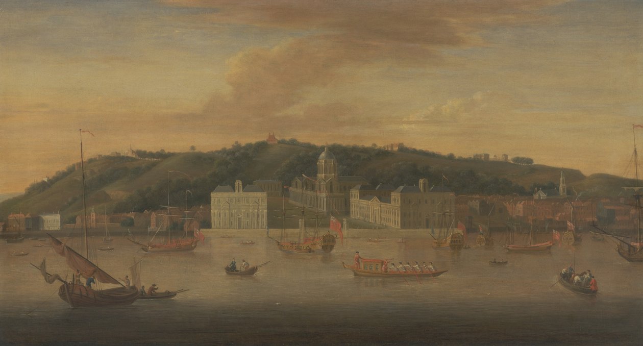 En udsigt over Greenwich fra floden med mange både af Jan Griffier