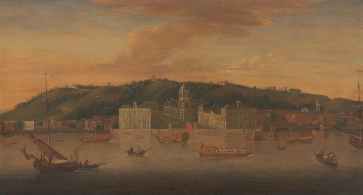 En udsigt over Greenwich fra floden med mange både af Jan Griffier