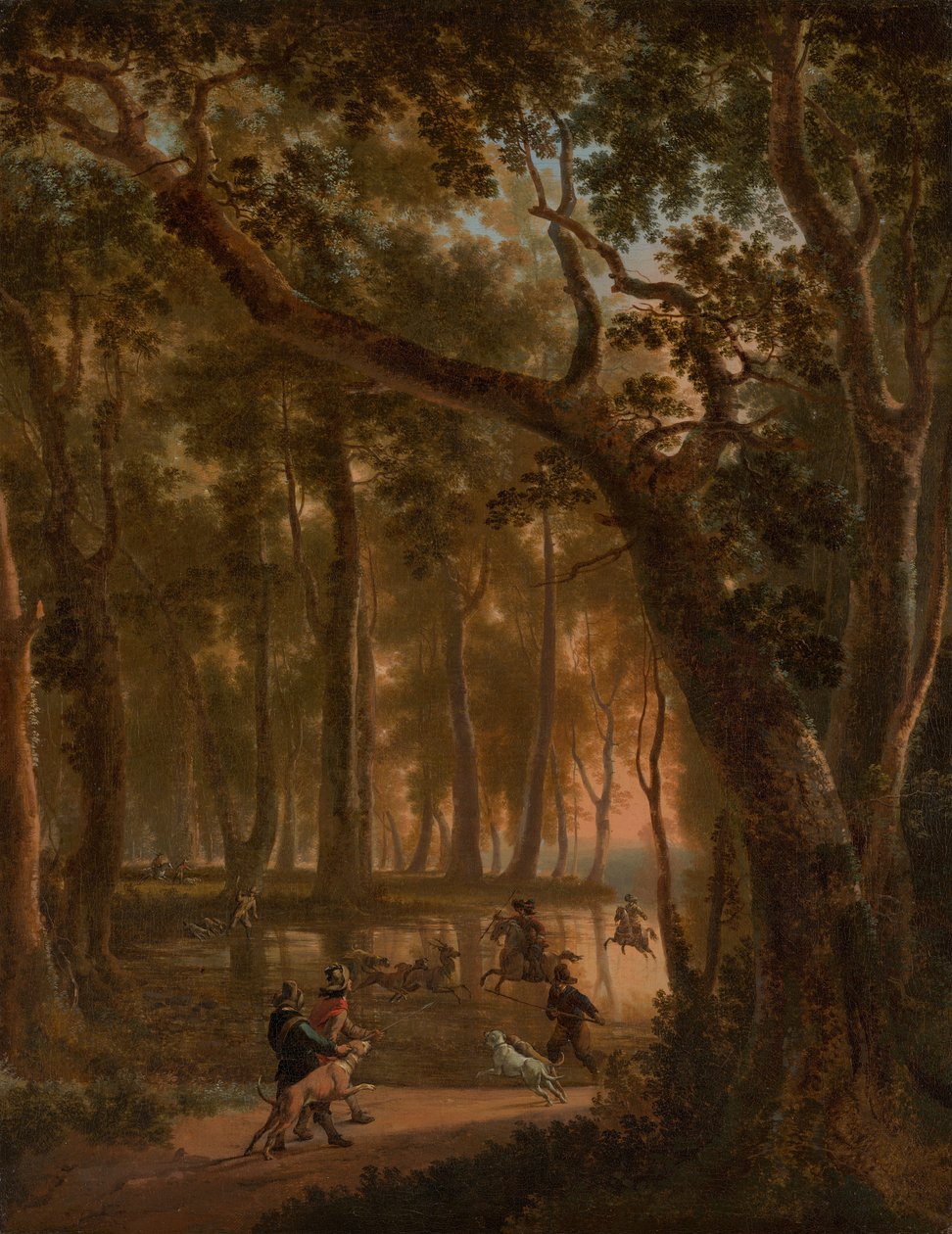 Hjortejagt i en skov af Jan Hackaert