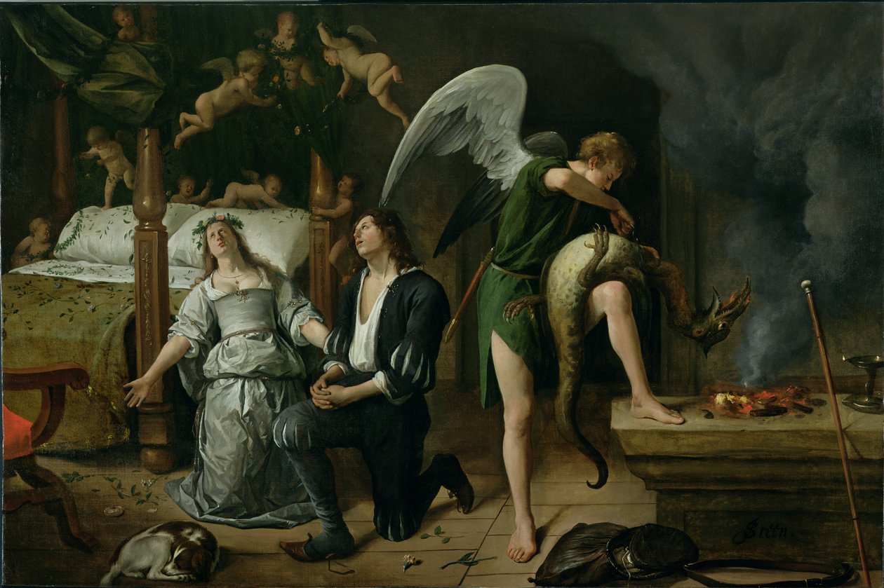 Tobias og Sarah med ærkeenglen Raphael, der uddriver dæmonen Asmodeus, restaureret version samlet fra to adskilte fragmenter (for præ-restaureringsversion se 81208) af Jan Havickszoon Steen