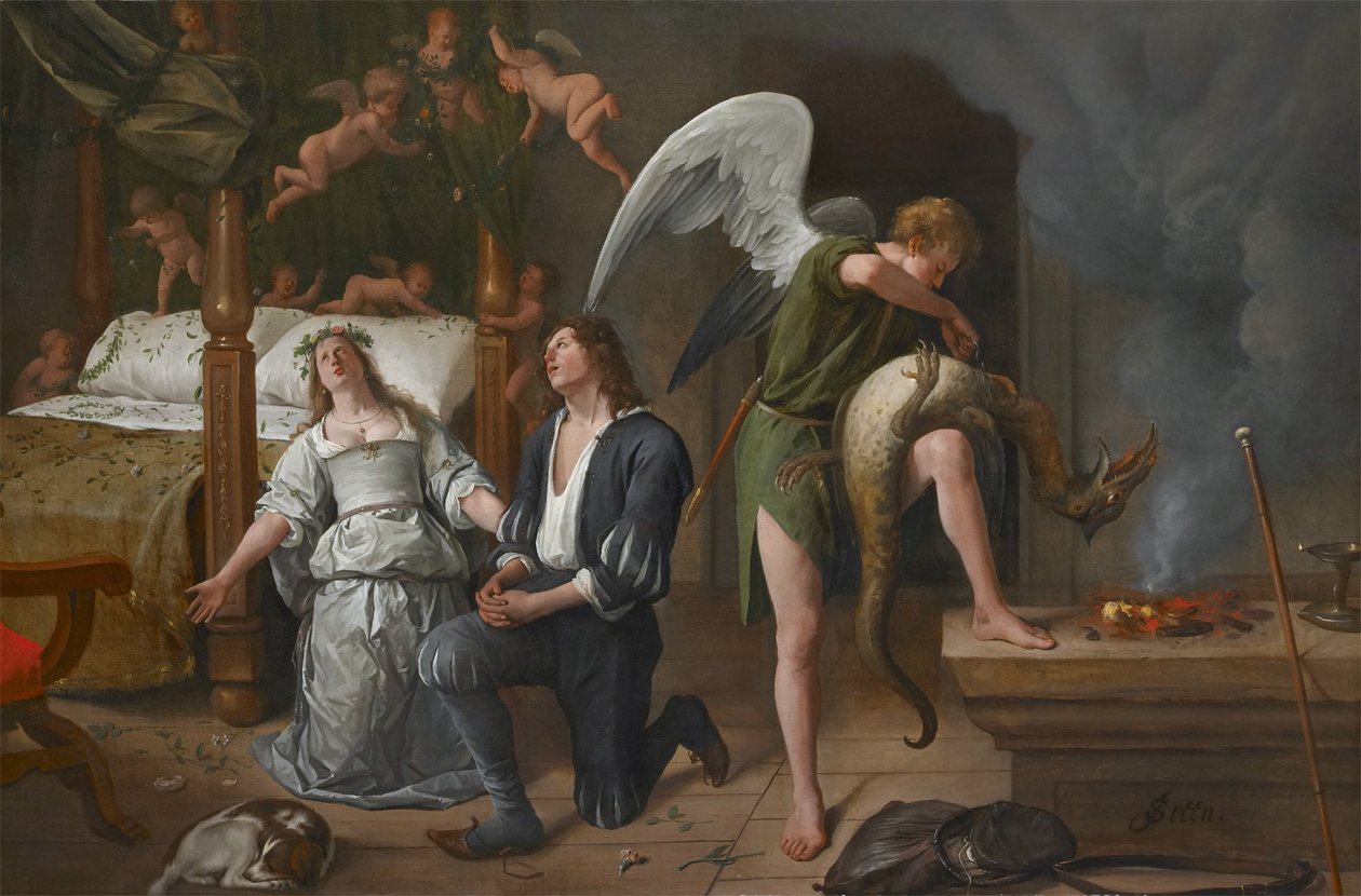 Tobias og Sarah beder, mens Rafael binder dæmonen af Jan Havickszoon Steen