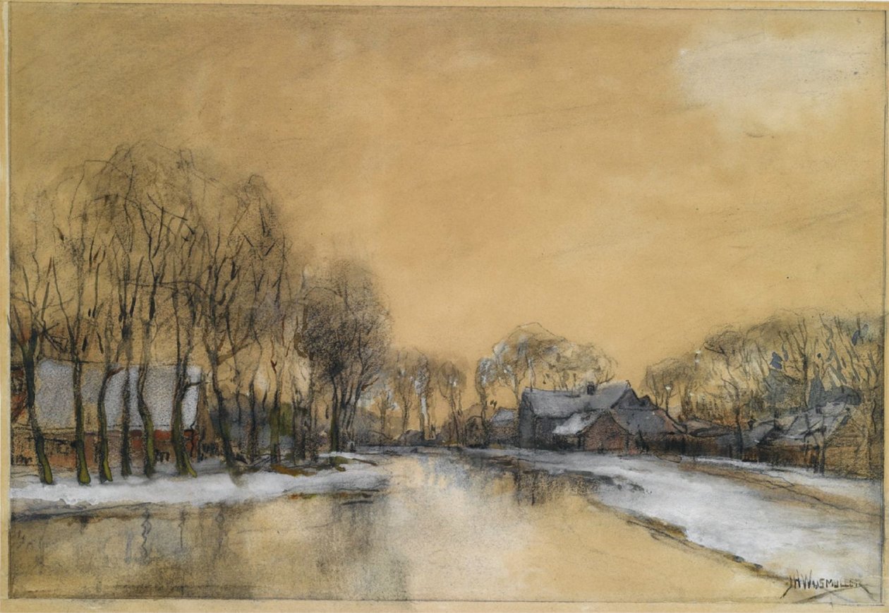 Et vinterlandskab med huse langs en kanal af Jan Hillebrand Wijsmuller