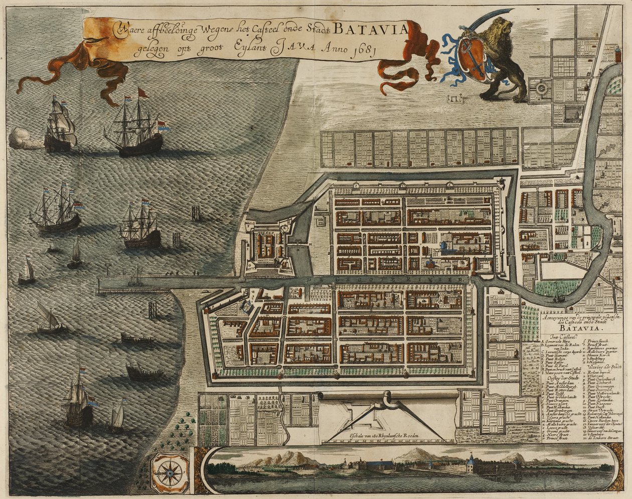Kort over slottet og byen Batavia, på øen Java (nu Jakarta, Indonesien) af Jan Janssonius