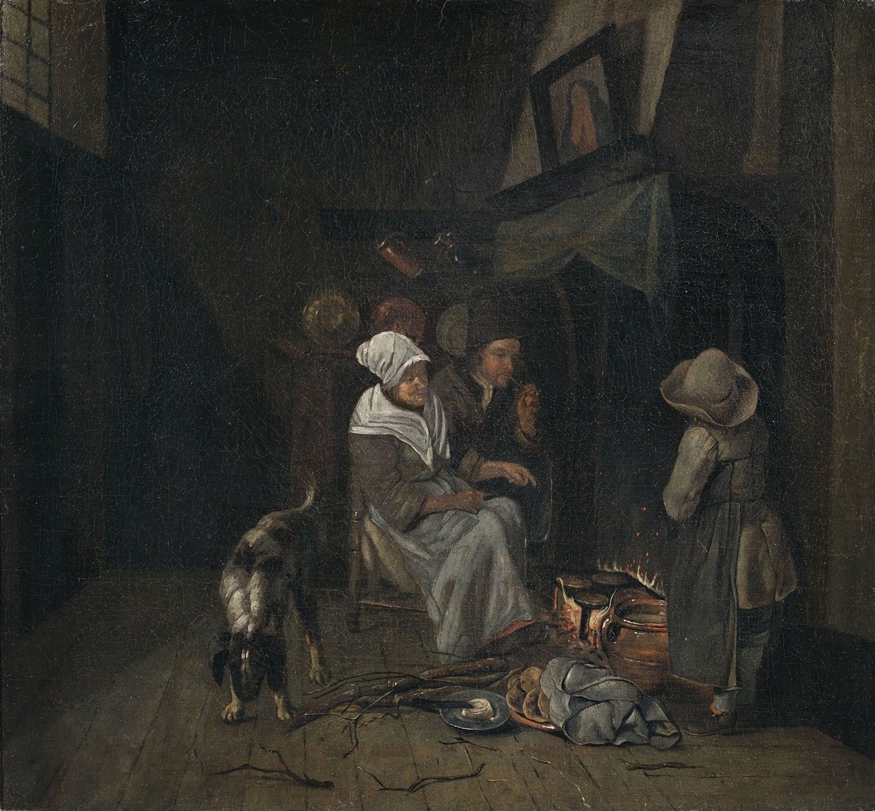 Køkkeninteriør med den samlede familie, der bager pandekager. af Jan Josef the Elder Horemans