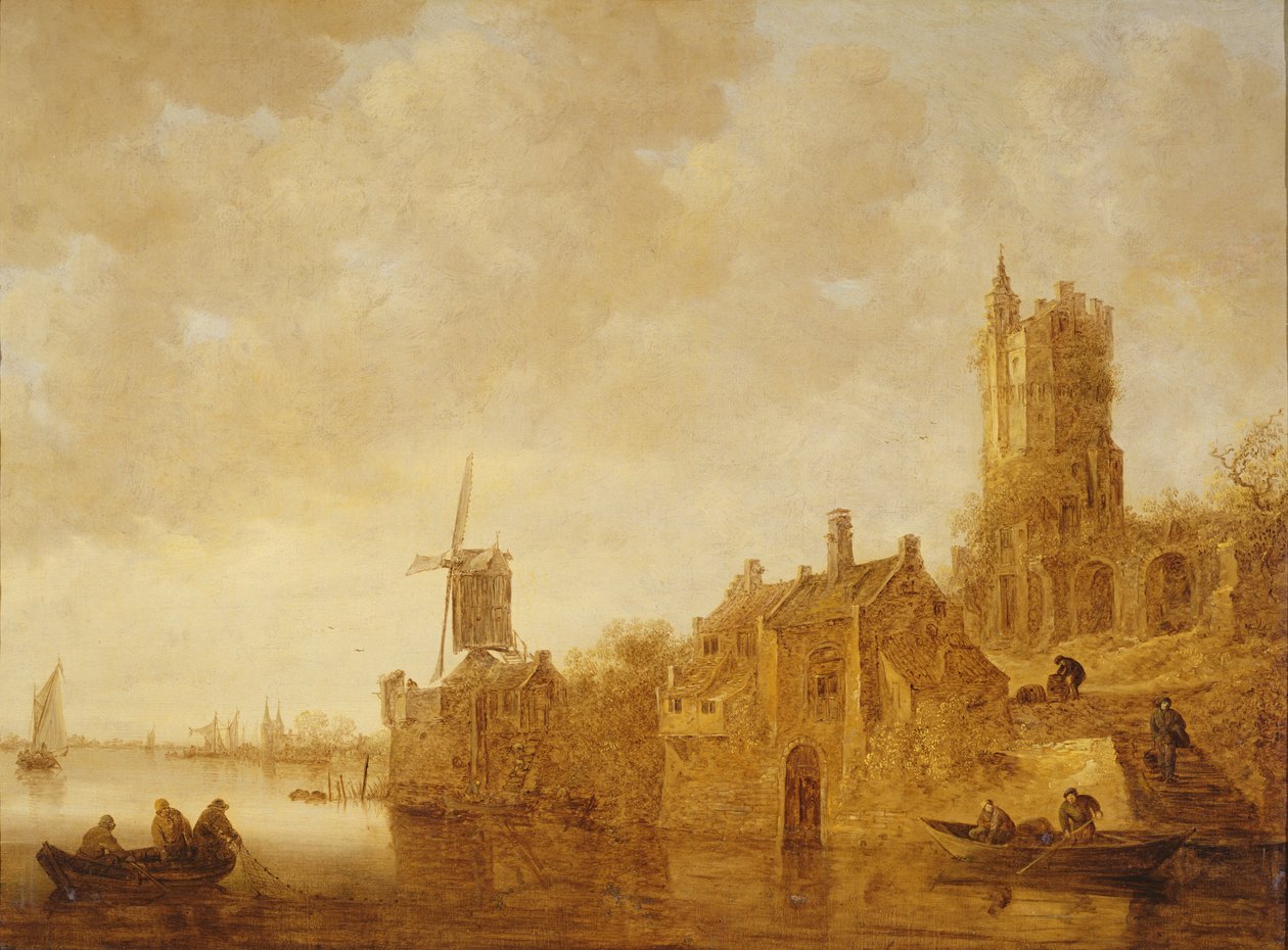 Flodlandskab med vindmølle og slotsruiner, 1644 af Jan Josephsz van Goyen