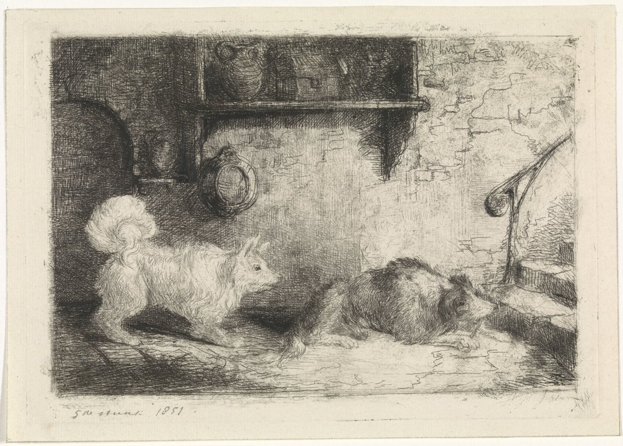 billede med to hunde af Jan Karel Jacob de Jonge