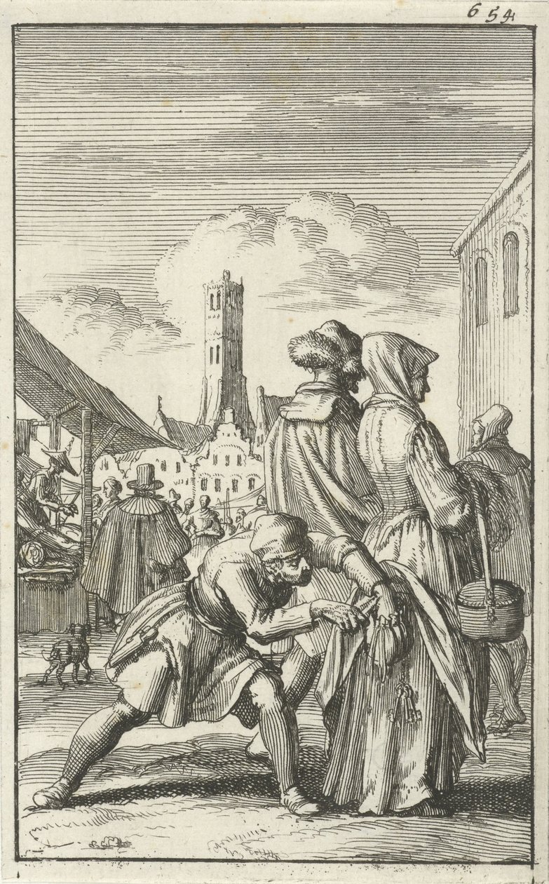Kvinde på et marked, der bliver frarøvet sin pung, 1685 af Jan Luyken