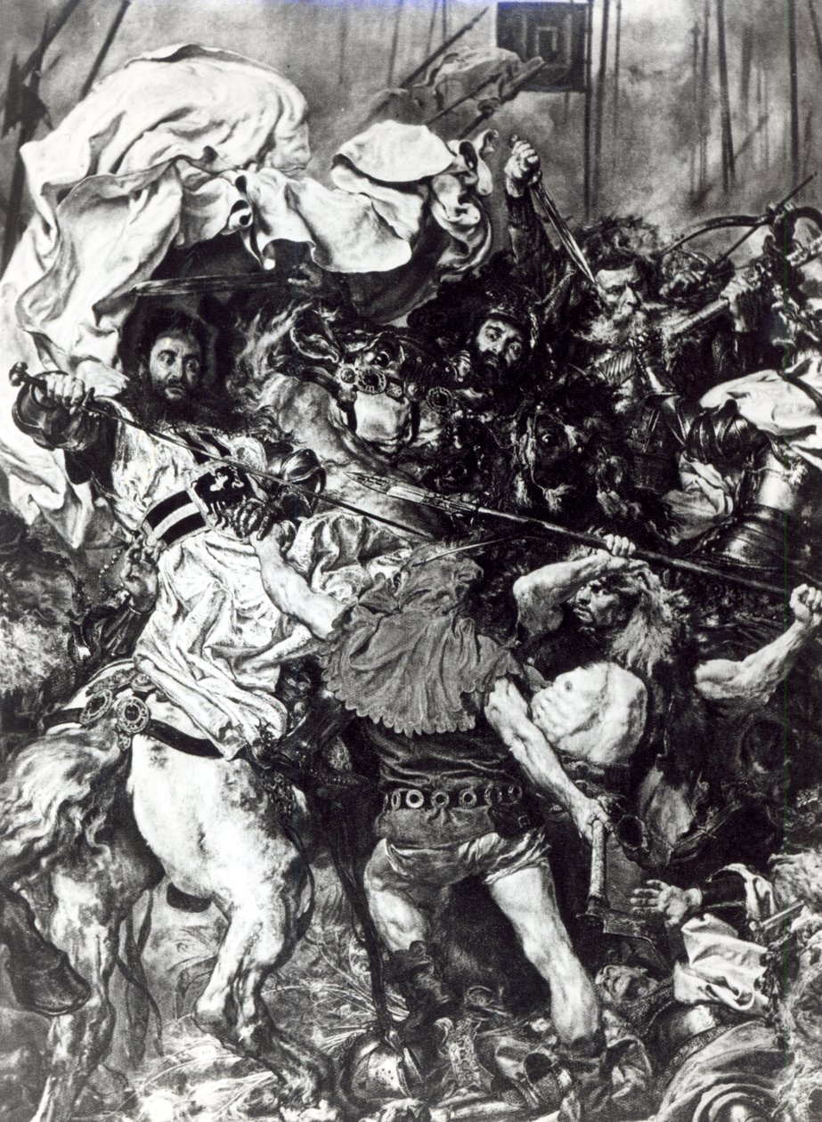 Slaget ved Grunwald den 15. juli 1410, detalje, der skildrer stormesteren Ulrich von Jungingens død af Jan Alojzy Matejko