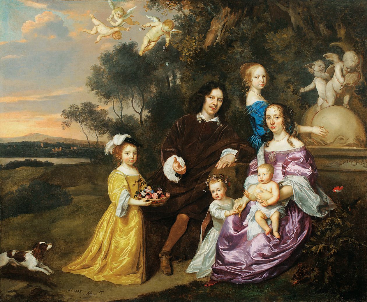 Portræt af en familiegruppe ved en dekorativ springvand i et pastoralt landskab, 1663 af Jan Mytens or Mijtens