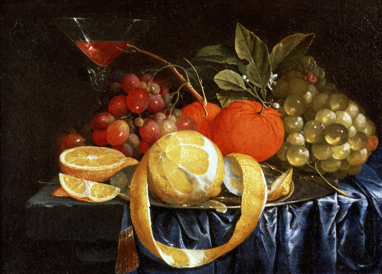 Stilleben med druer, appelsiner og en skrællet citron (olie) af Jan Pauwel the elder Gillemans