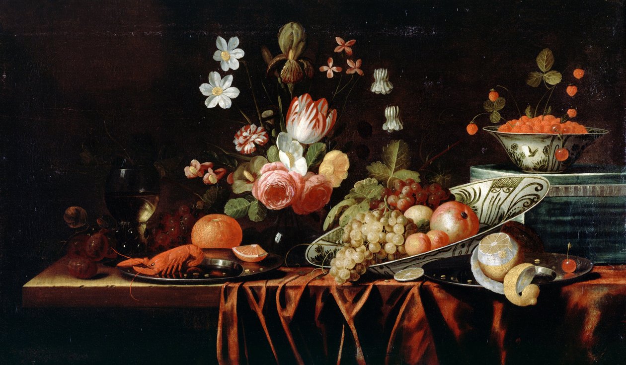 Stilleben med frugt, blomster og krebs af Jan Pauwel the elder Gillemans