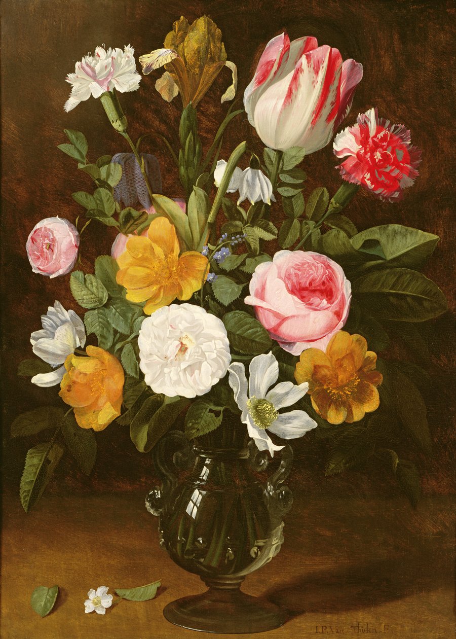 Stilleben af blomster i en glasvase (panel) af Jan Philip van Thielen