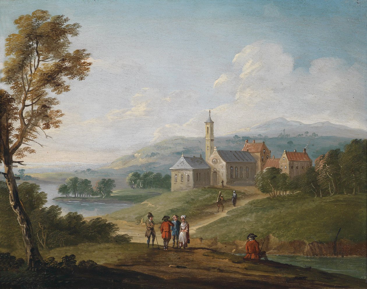 Flodlandskab med en landsby og vandrere af Jan Pieter van Bredael