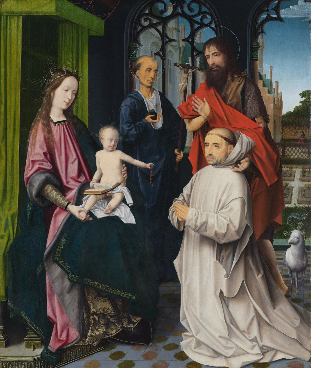 Jomfruen og barnet troner med St. Jerome og Johannes Døberen og en knælende karthusisk munk af Jan Provoost