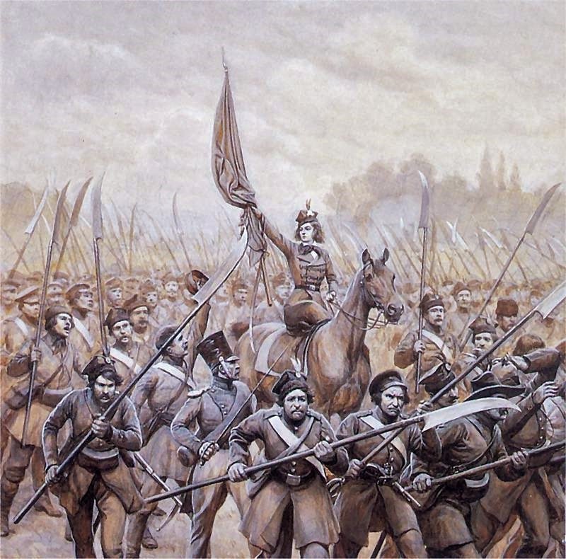 .n Engelsk: Emilia Plater dirigerer polske scythemen nPolski: Emilia Plater i spidsen for Kosynierow -divisionen. af Jan Rosen