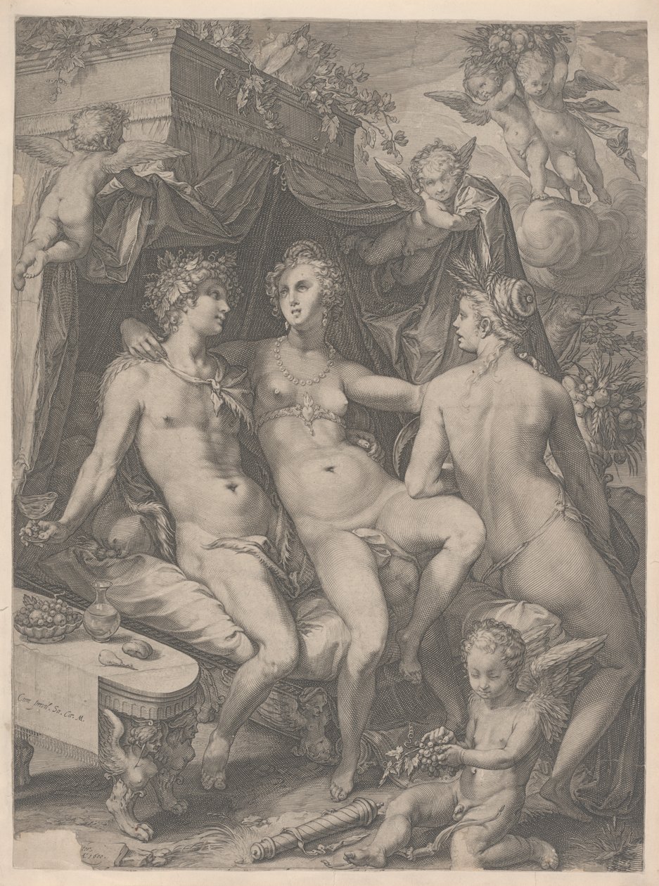 Venus siddende på en seng mellem Bacchus og Ceres, 1600 af Jan Saenredam