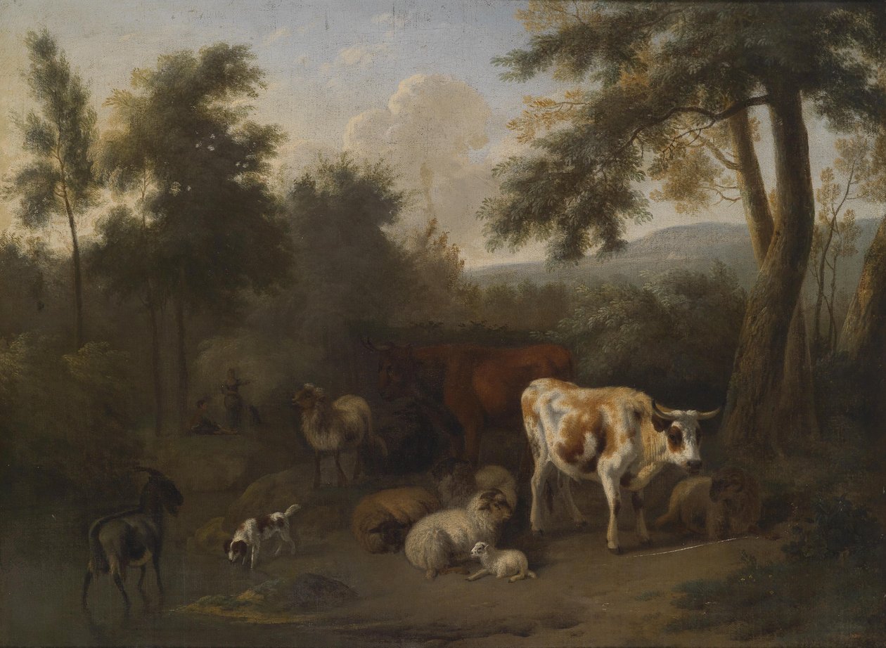 Skovklædt landskab med lejrkvæg og hyrder af Jan Vermeer van Haarlem