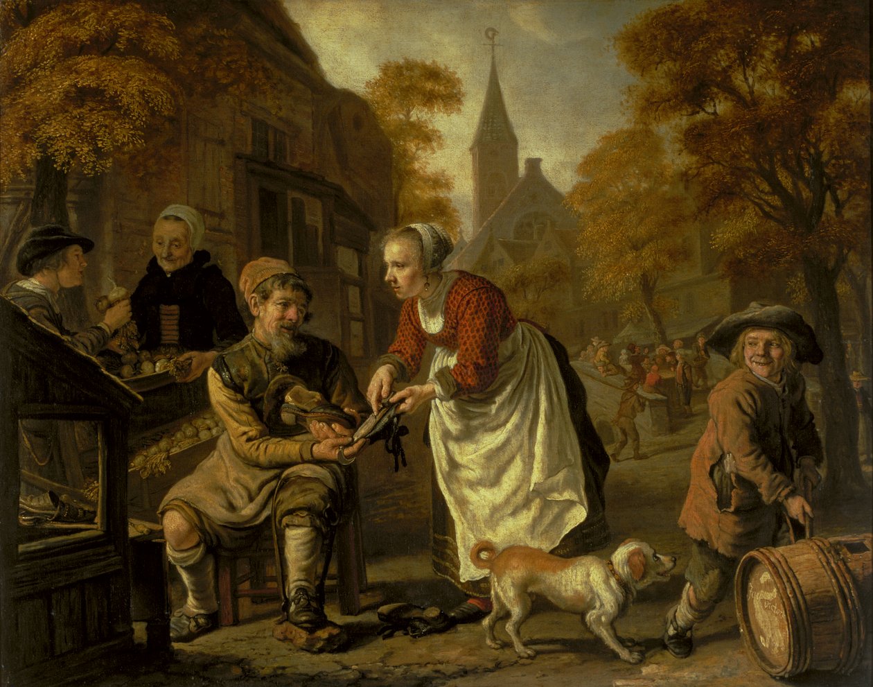 En landsbyscene med en skomager, ca. 1650 af Jan Victors