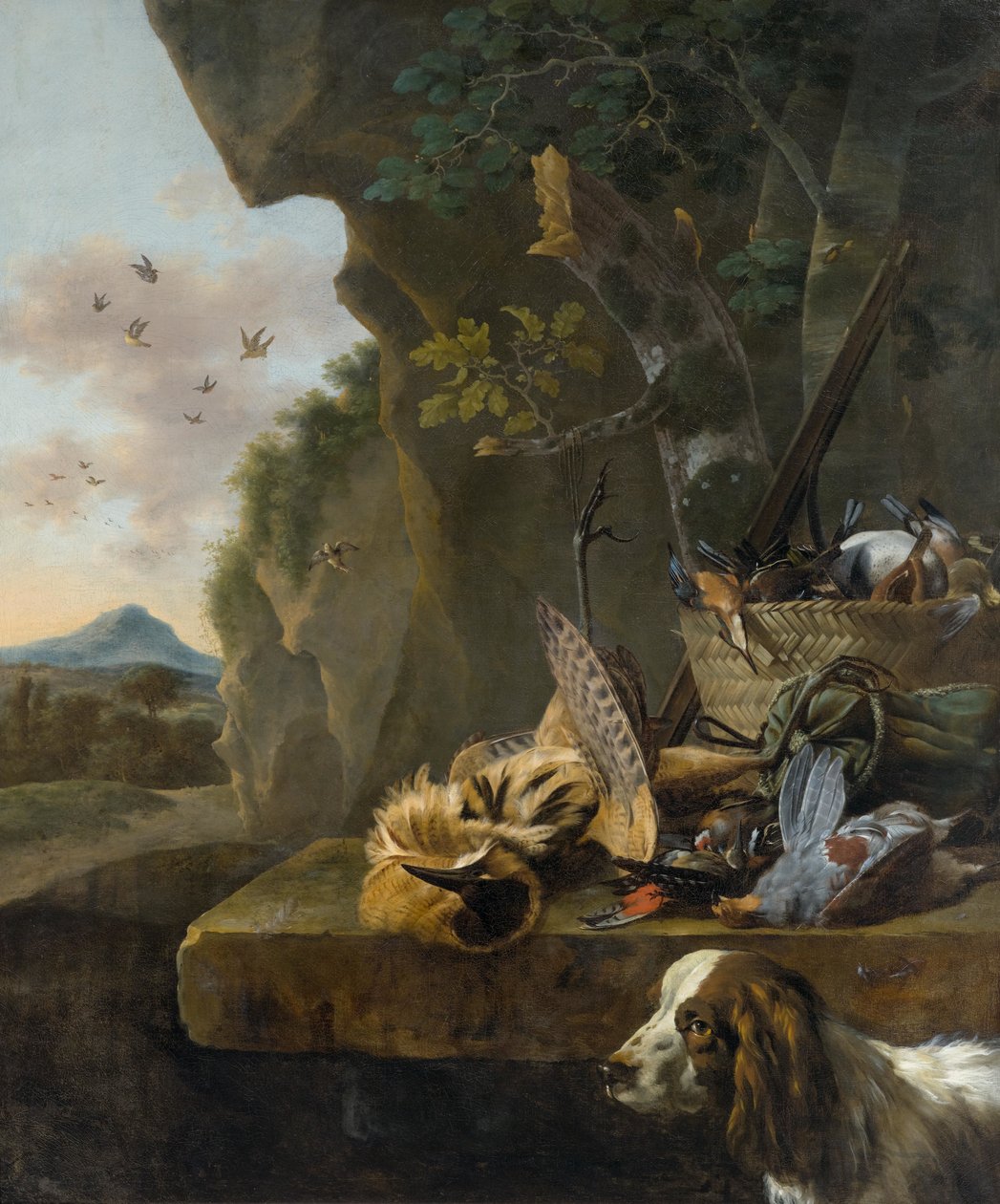 Jagt stilleben med en bitterhed og en hund i et landskab af Jan Baptist Weenix