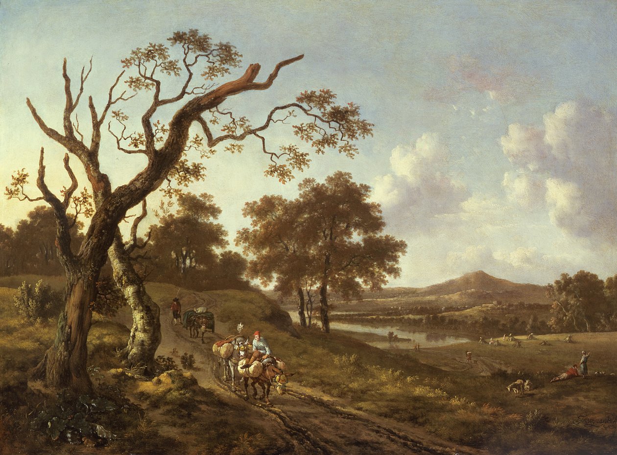 Et omfattende landskab med muldyr på en landevej, 1600-tallet af Jan Wiynants