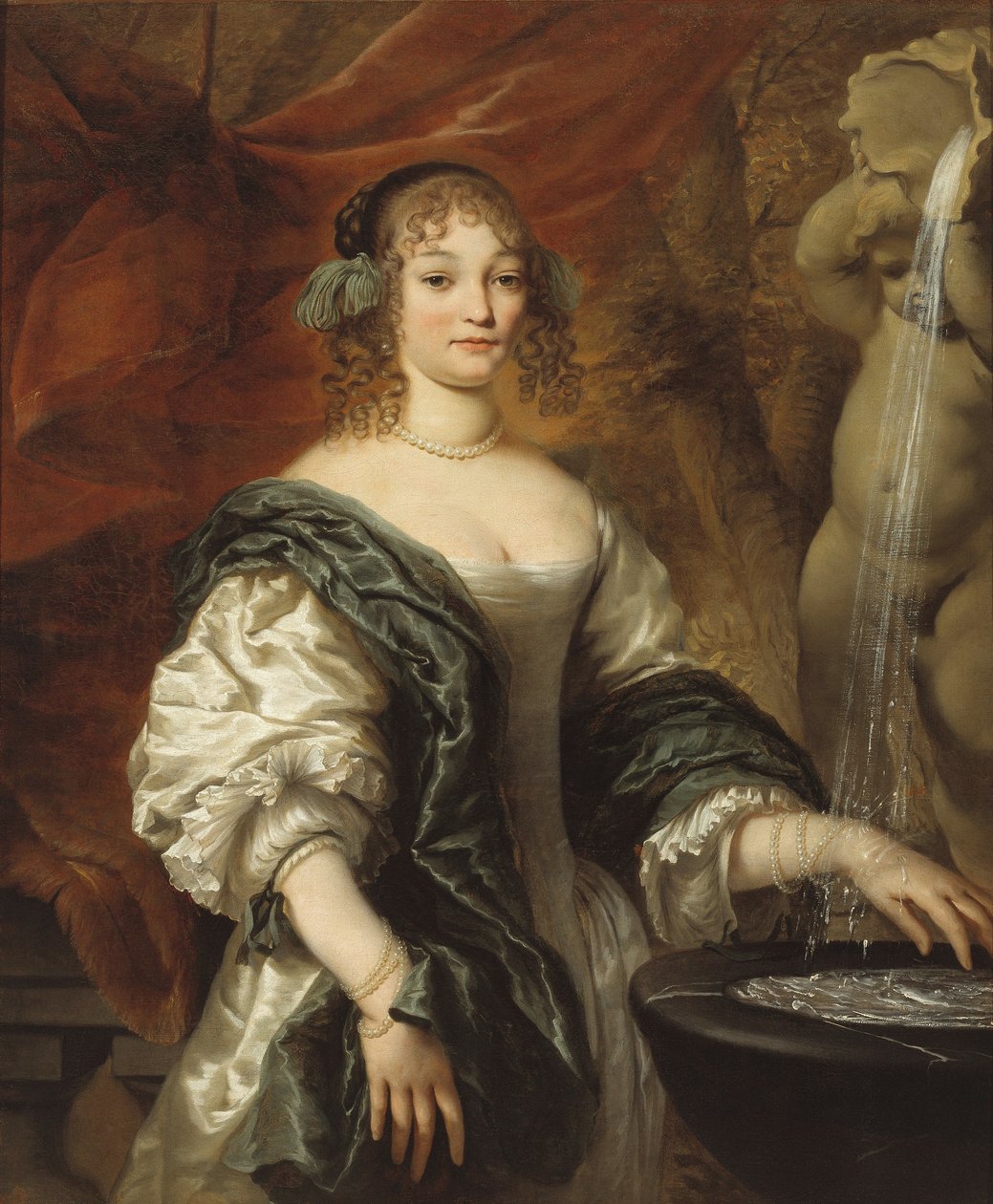 Portræt af en ung dame ved et springvand af Jan de Baen