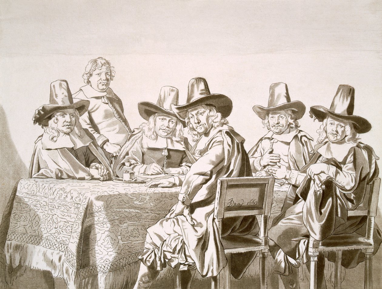 1600-talsmøde i et udvalg af byværdige eller lignende, omkring et bord, fra 1663 af Jan de Bray