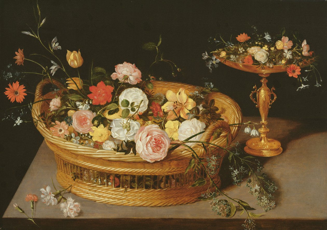 En kurv med blomster med en forgyldt sølv Tazza af Jan the Elder Brueghel