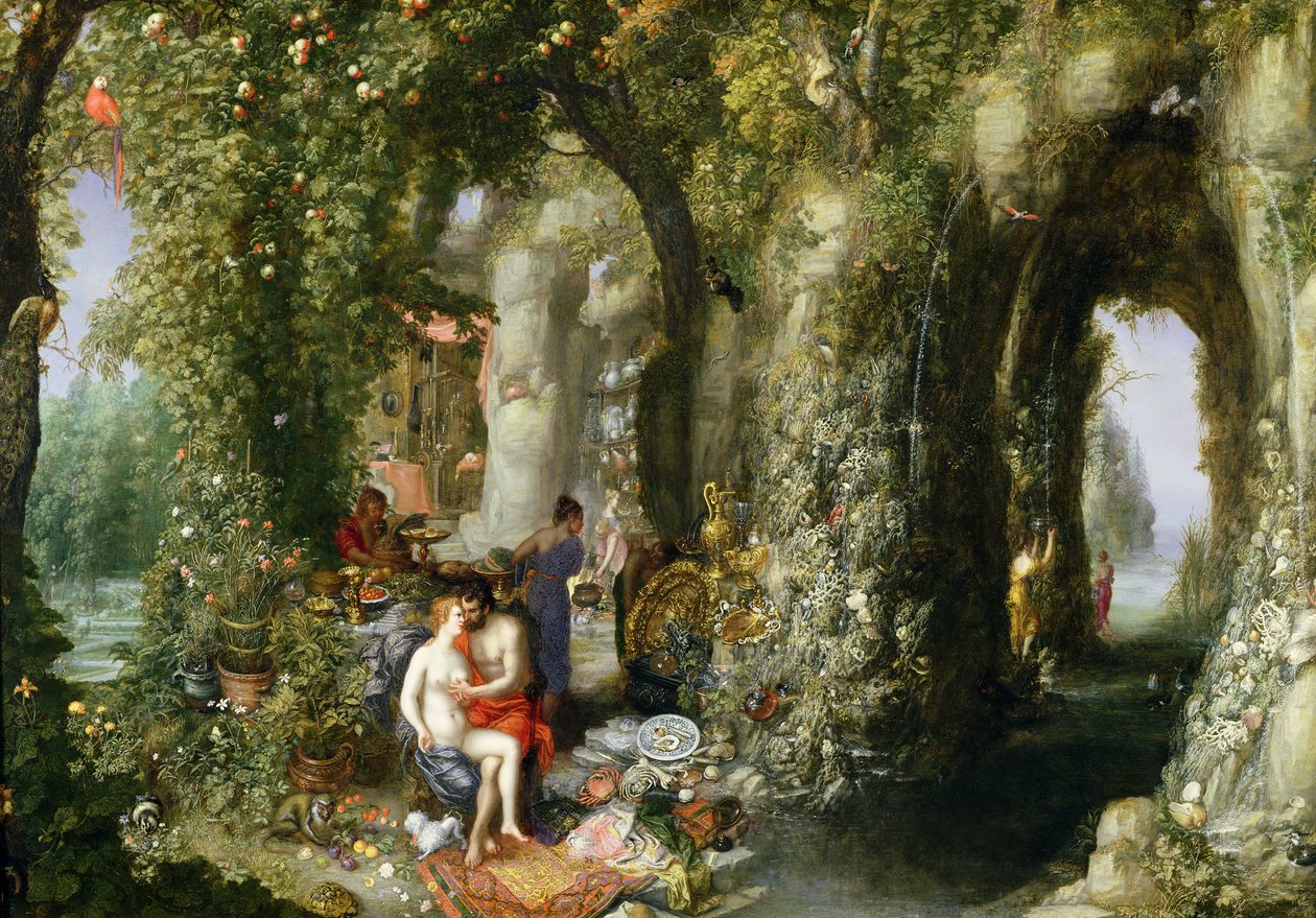 En fantastisk hule med Odysseus og Calypso af Jan the Elder Brueghel
