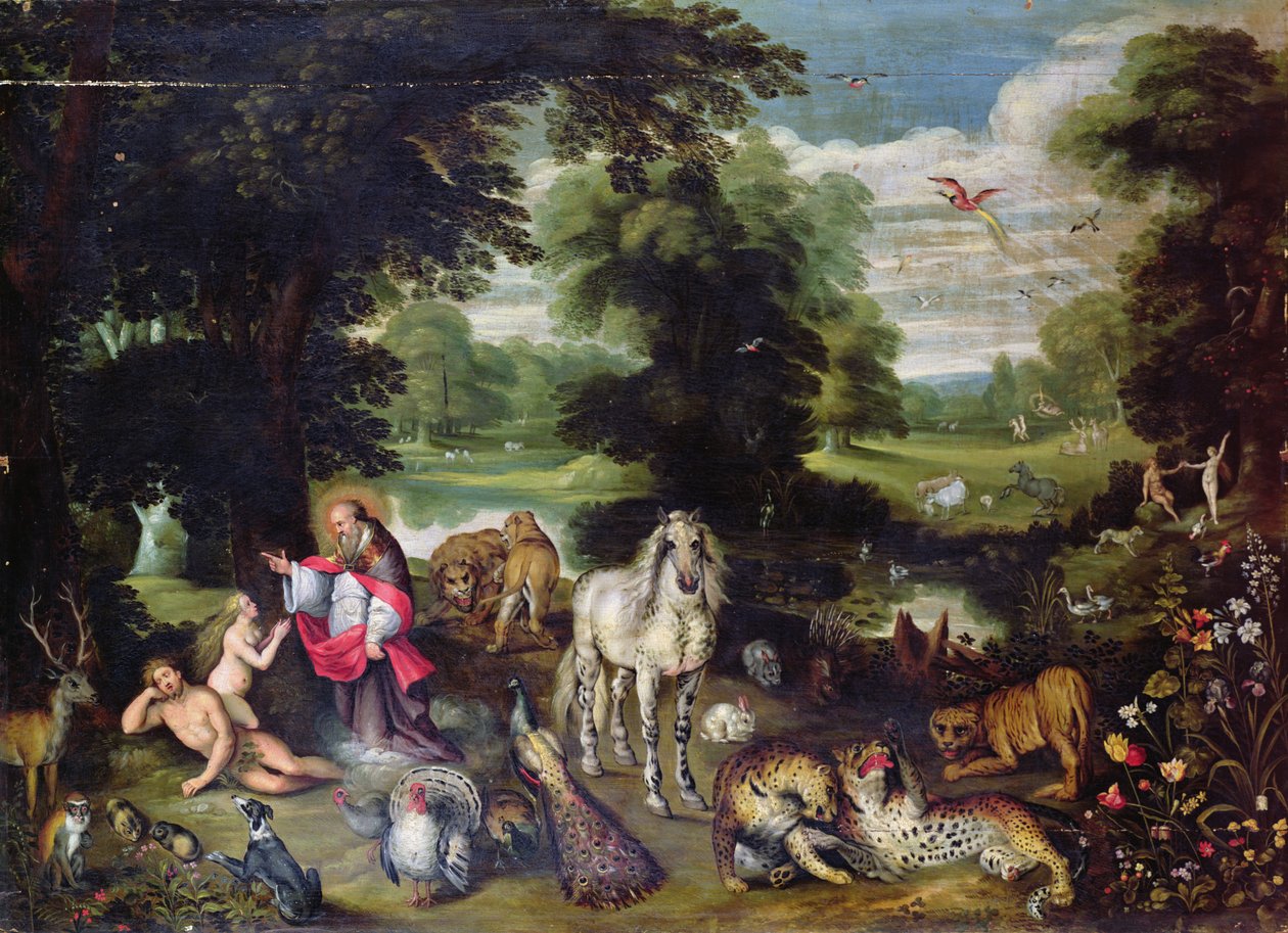 Adam og Eva med Gud i Edens have og historien om syndefaldet af Jan the Elder Brueghel