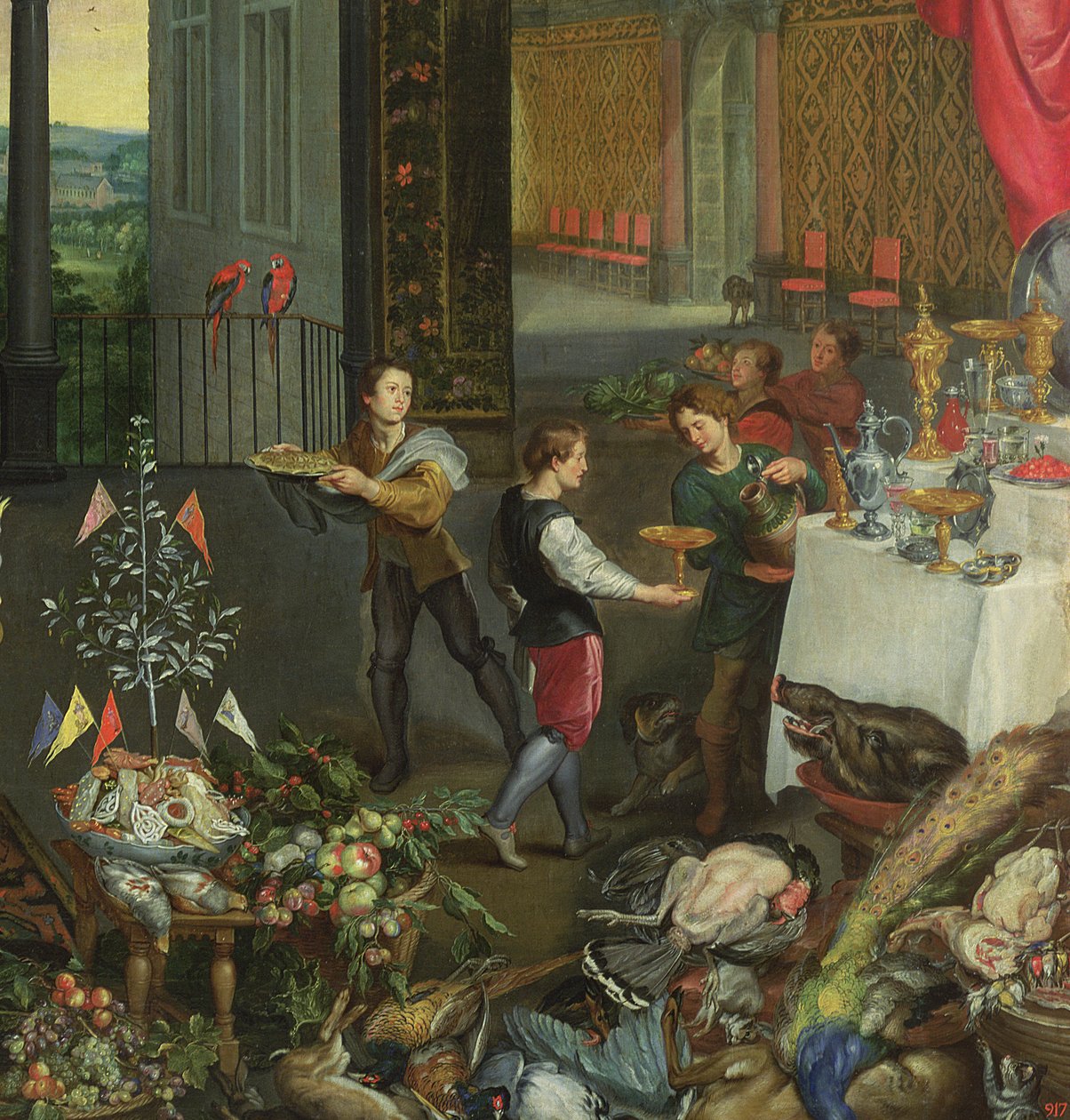 Allegory of Taste, detalje af servere, der bringer vin, 1618 (detalje af 61052) af Jan the Elder Brueghel