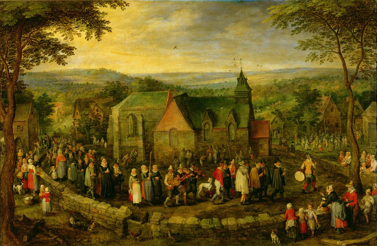 Landliv med en bryllupsscene af Jan the Elder Brueghel
