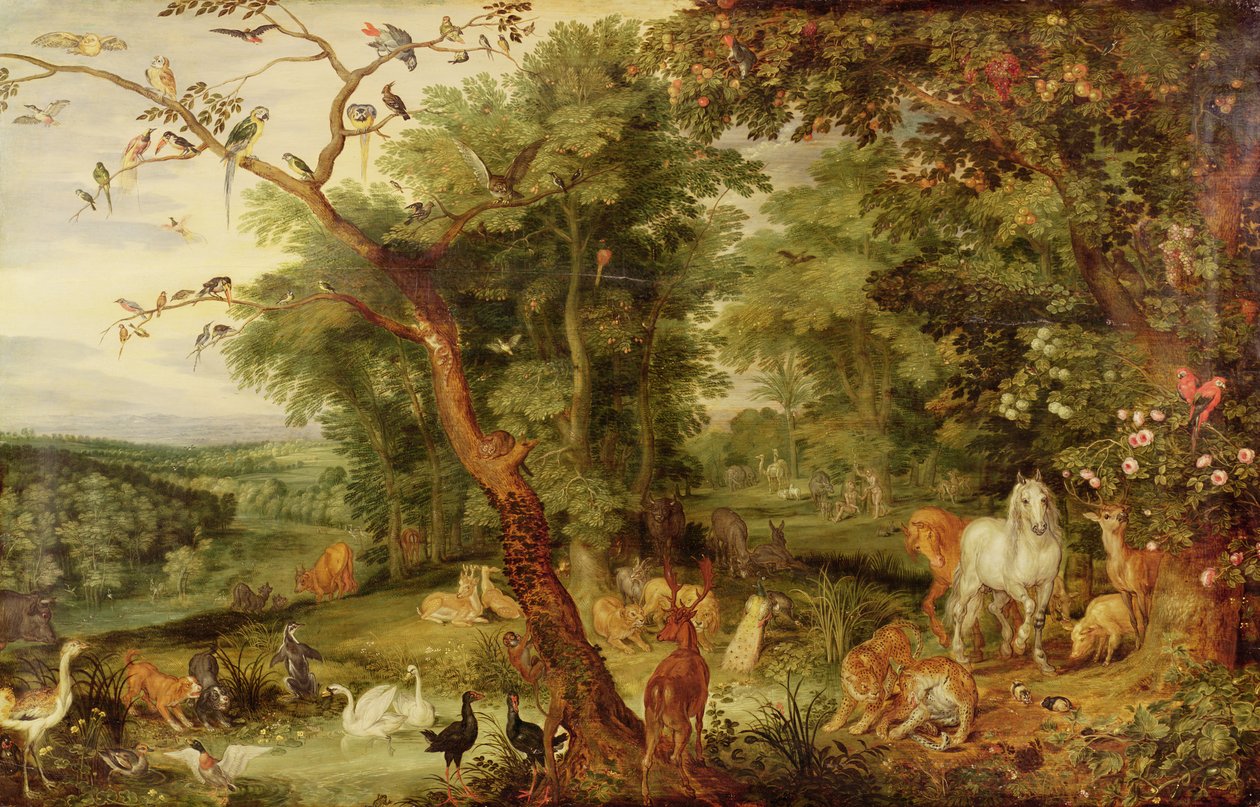 Edens Have; i baggrunden The Temptation (olie på egetræspanel) af Jan the Elder Brueghel