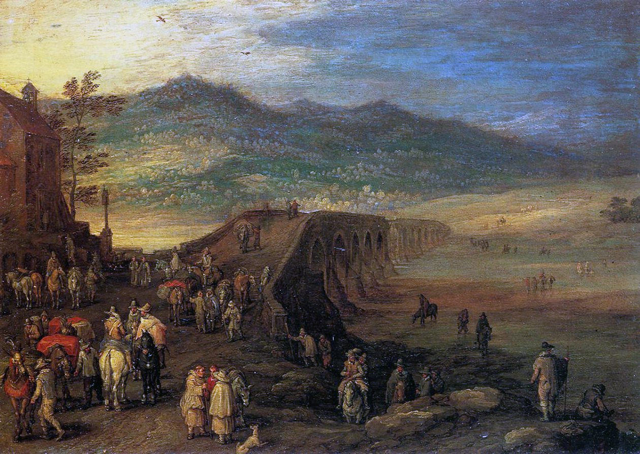 Rejsende ved broen over Talavera, 1610 (olie på kobber) af Jan the Elder Brueghel