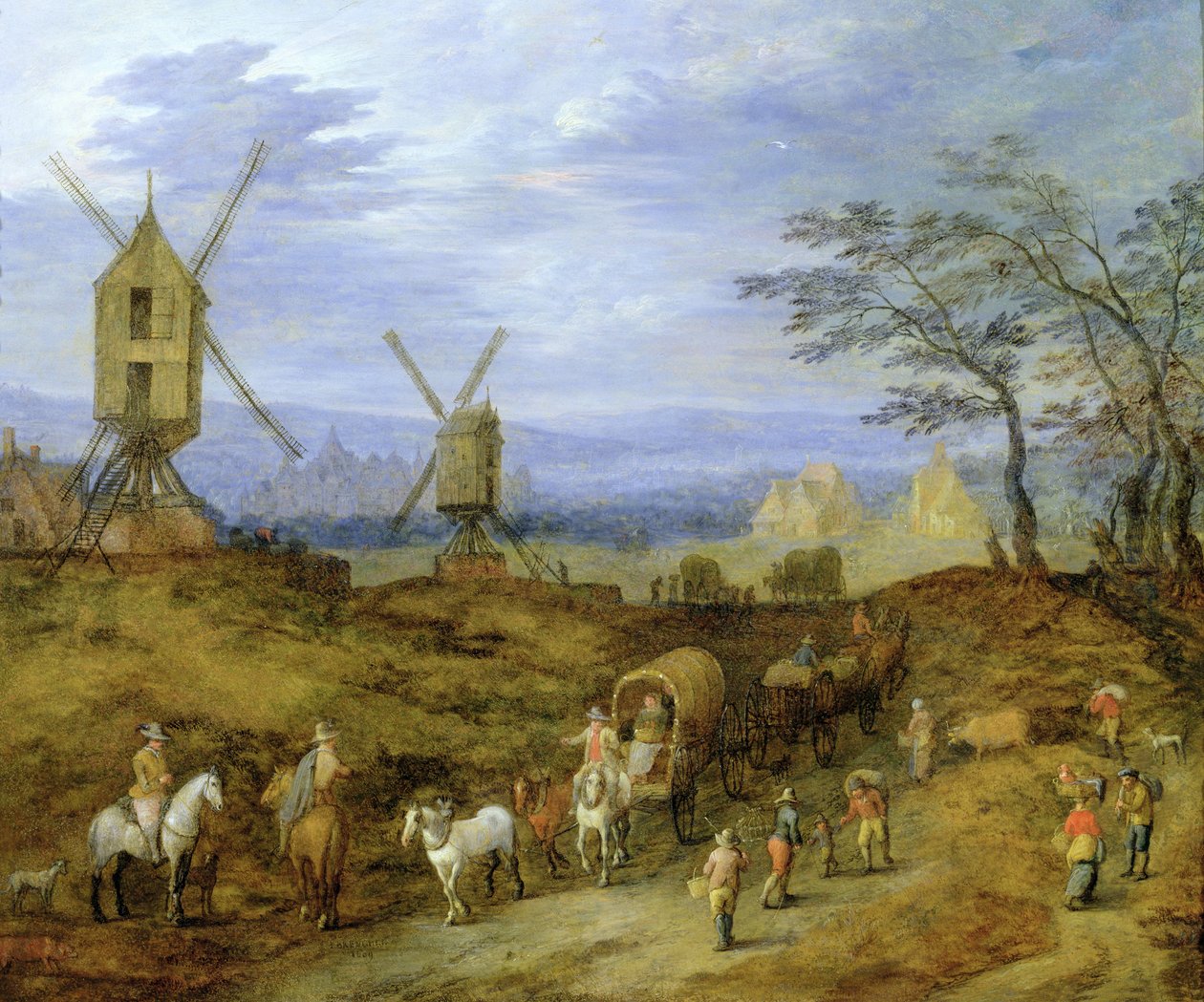 Landskab med rejsende nær vindmøller af Jan Brueghel the Younger