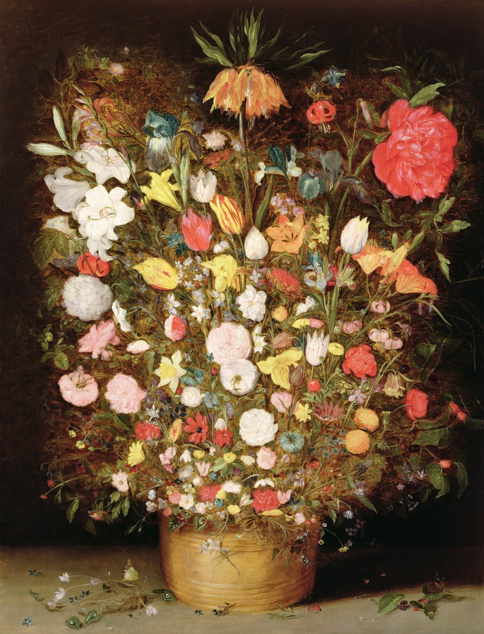 Blandede blomster i et træbalje af Jan Brueghel the Younger