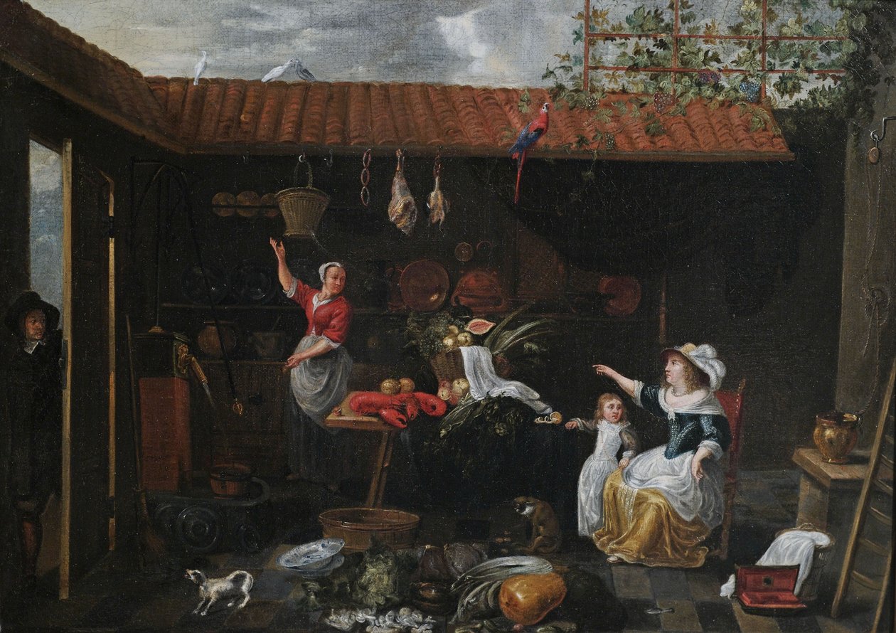 Indvendig udsigt over en gård med køkkenudstyr, redskaber, stuepige og værtinde af Jan van Buken