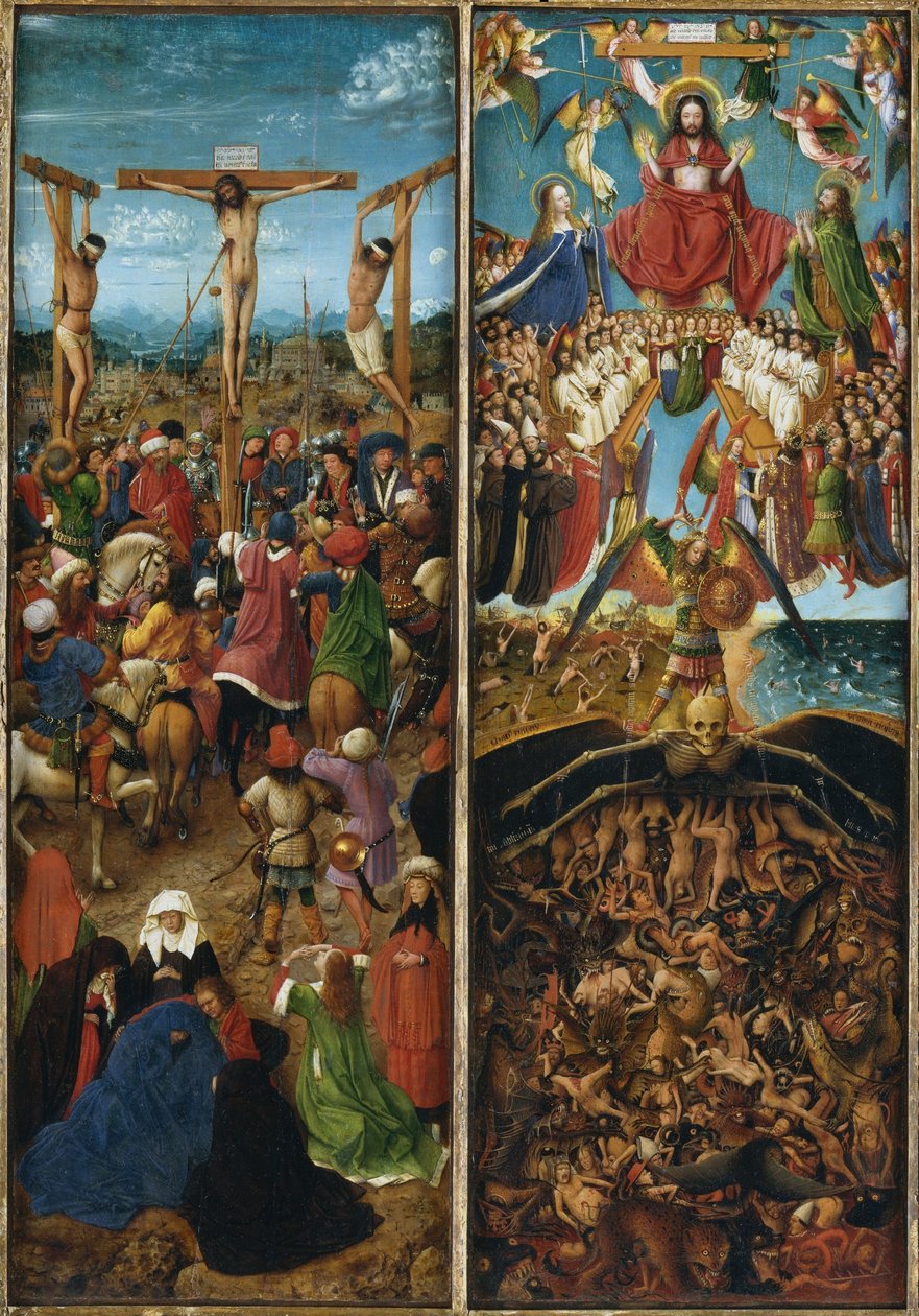 Korsfæstelsen; Den sidste dom, en del af en triptykon af Jan van Eyck