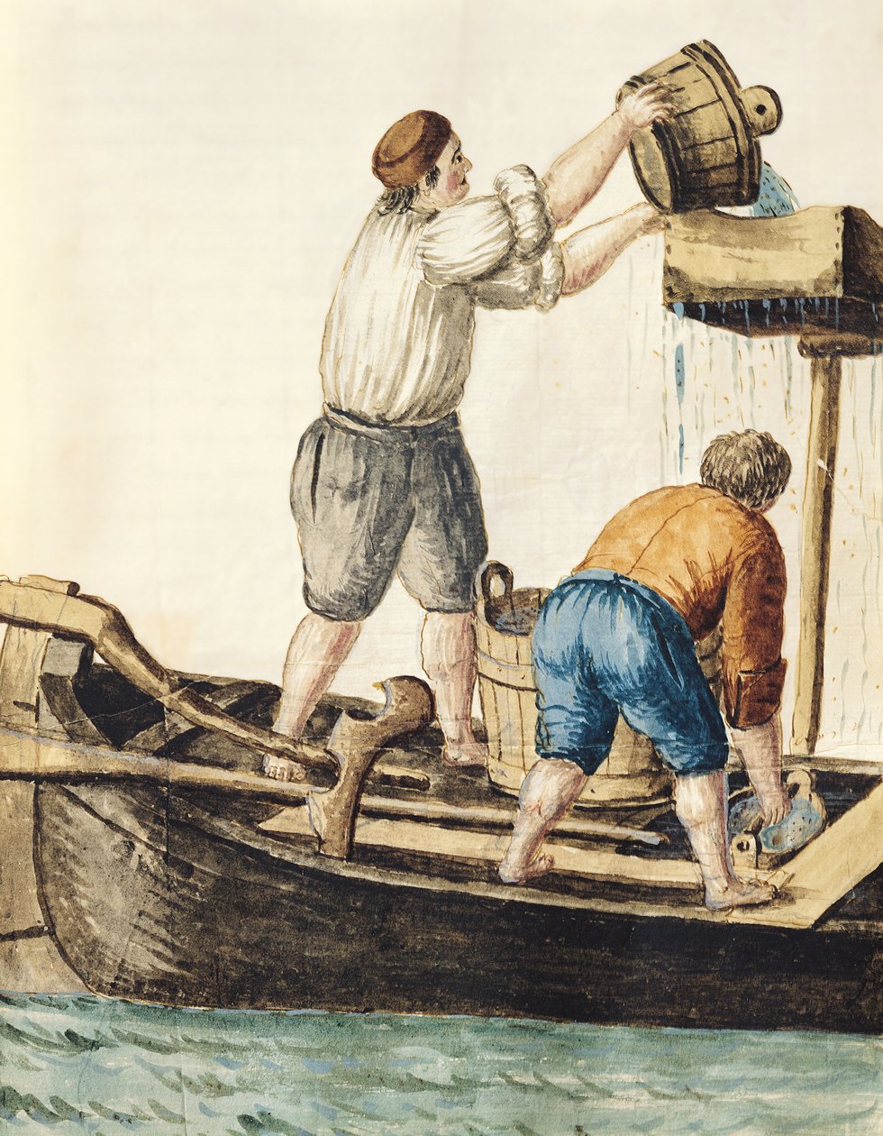 Bådsmænd hælder ferskvand i rørledningerne af Jan van Grevenbroeck