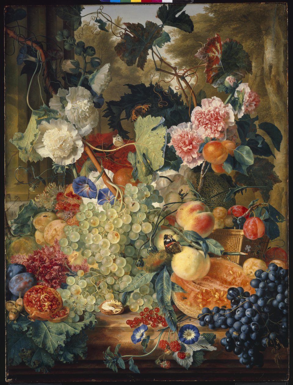 Stilleben af blomster og frugt på en marmorplade af Jan van Huysum