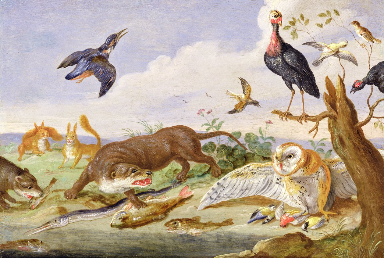 En odder og en ugle vogter deres fangster (olie på kobber) af Jan van Kessel the Elder