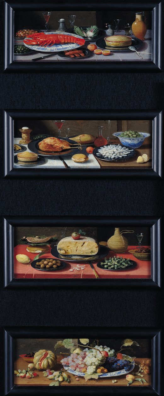 Fire stilleben af mad og frugt af Jan van Kessel the Elder