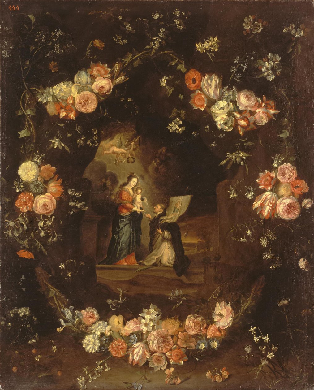 Madonna med barnet og St. Ildephonsus indrammet med en blomsterkrans af Jan van Kessel the Elder