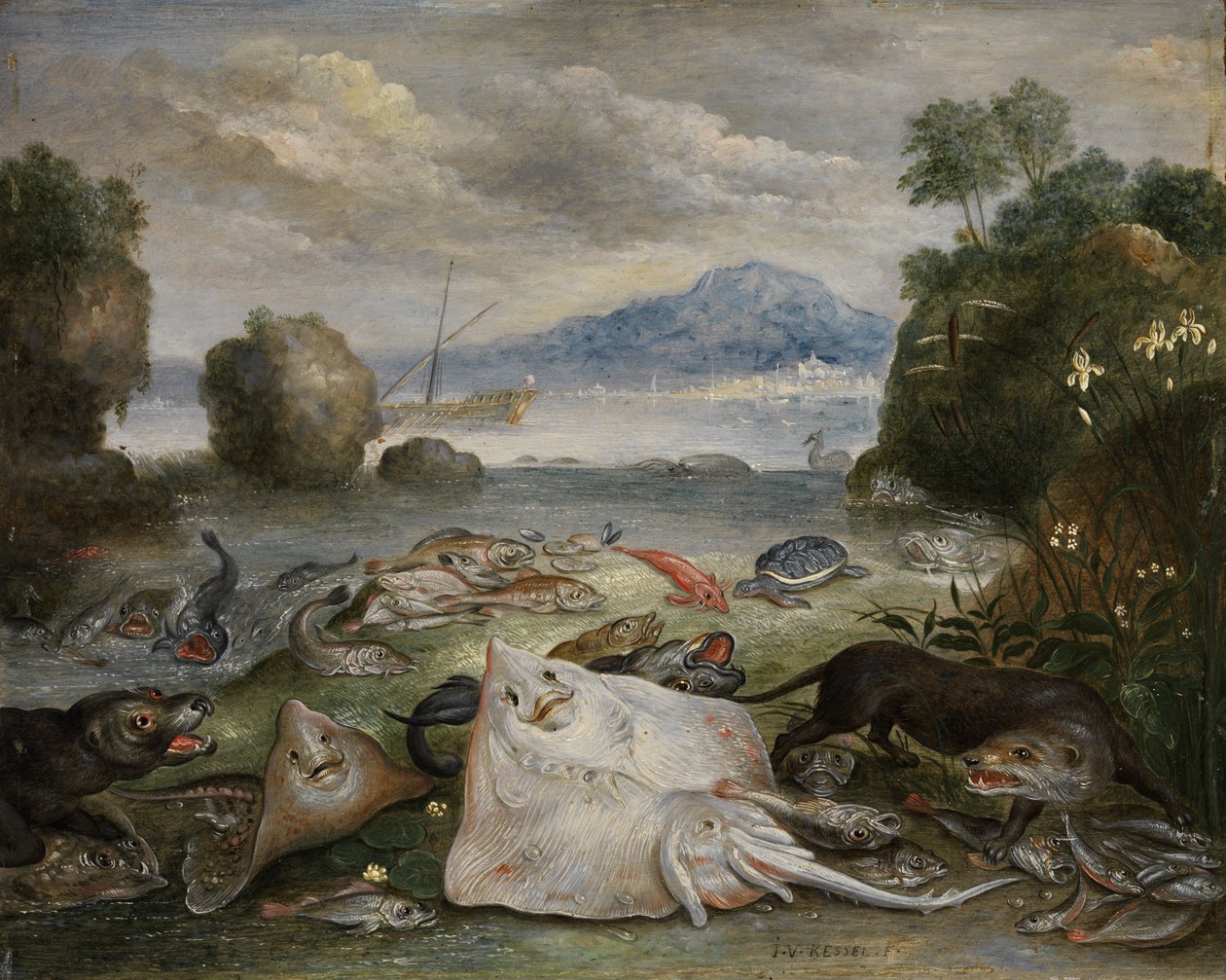 Havdyr, fisk og oddere på stranden med udsigt over en bugt med et sejlskib og bjerg i det fjerne af Jan van Kessel the Elder