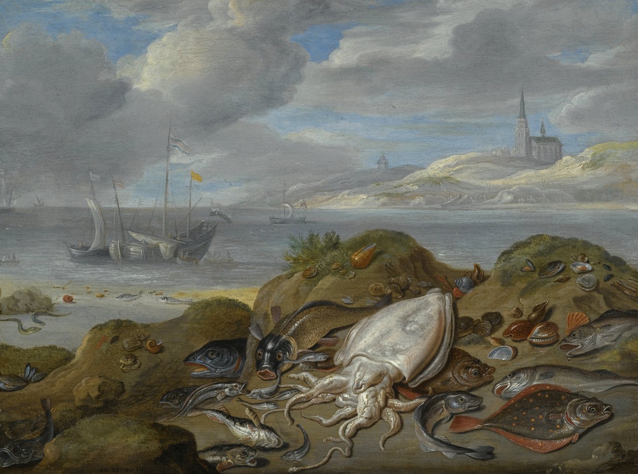 Stilleben med blæksprutter, rødspætter, torsk, muslinger og andre fisk på en klit, en kirke på tværs af en flodmunding ud over af Jan van Kessel the Elder