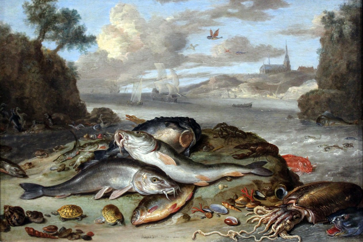 Stilleben med fisk og havdyr i et kystlandskab af Jan van Kessel the Elder