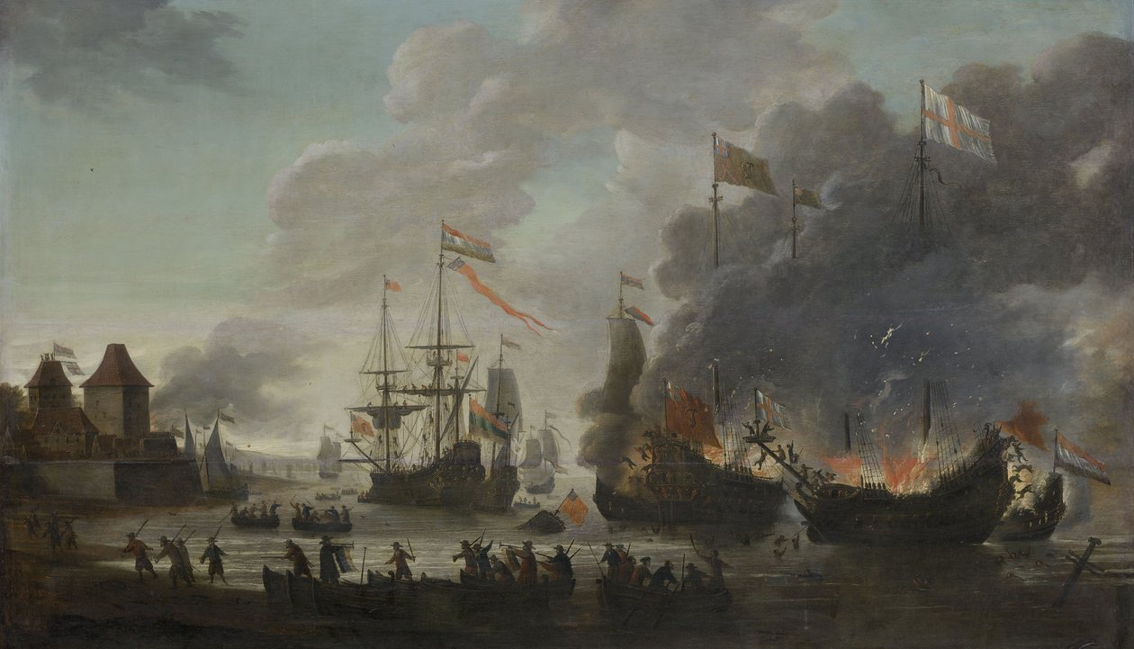 Hollænderne brænder engelske skibe under ekspeditionen til Chatham, 20. juni 1667 (Raid on the Medway), ca. 1667 af Jan van Leyden