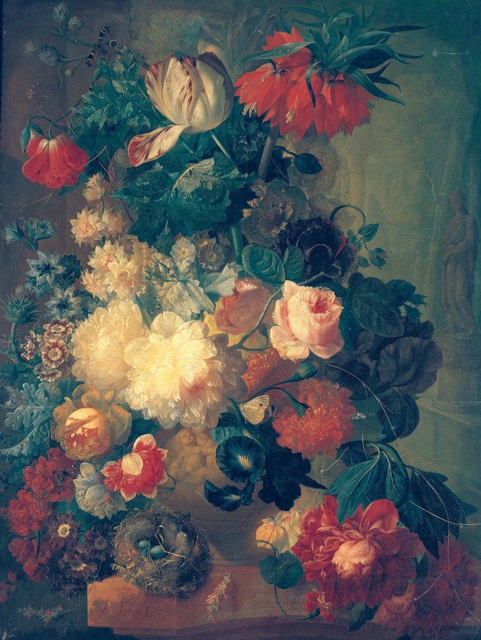 Blomster i en Vase med en Fuglerede af Jan van Os