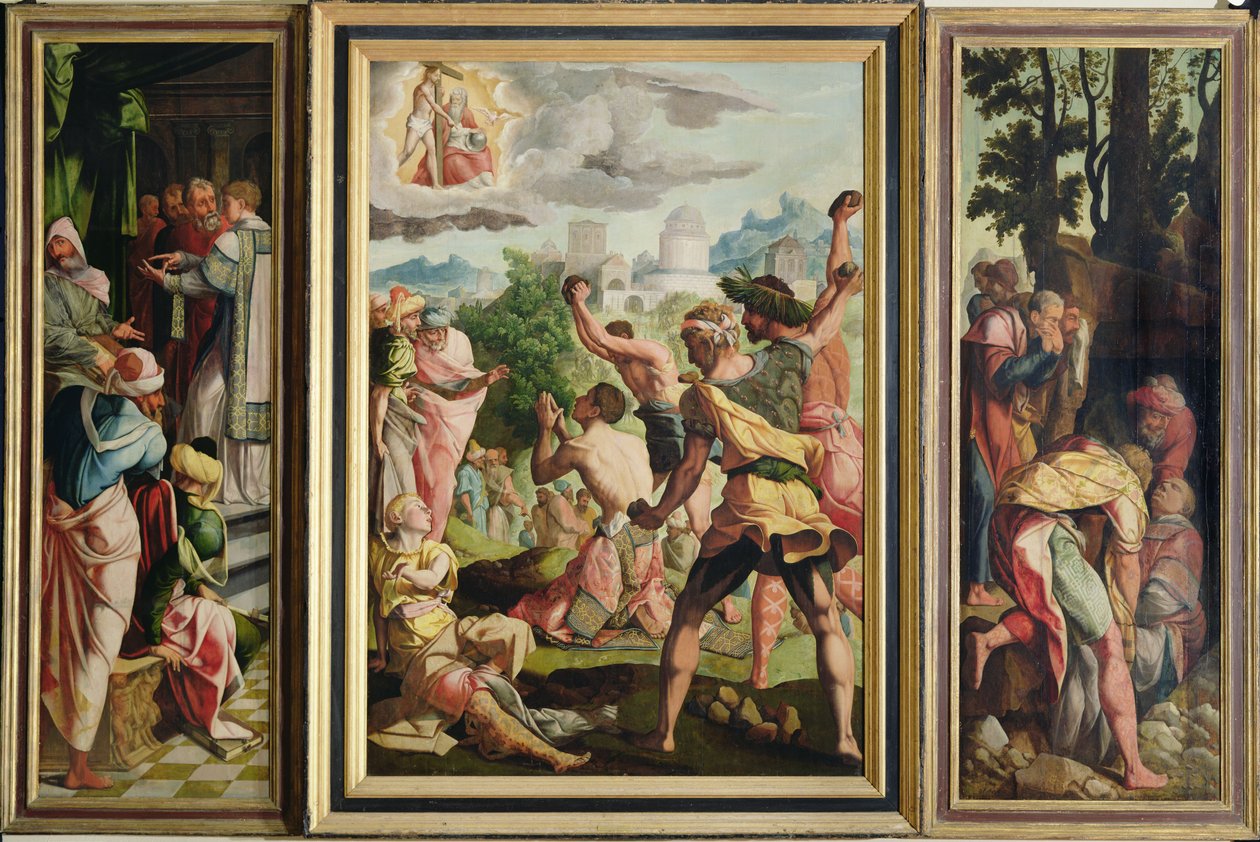 St. Stefans prædiken, stening og begravelse, fra St. Stefans og St. Jakob den Stores Polyptykon, ca. 1541 af Jan van Scorel
